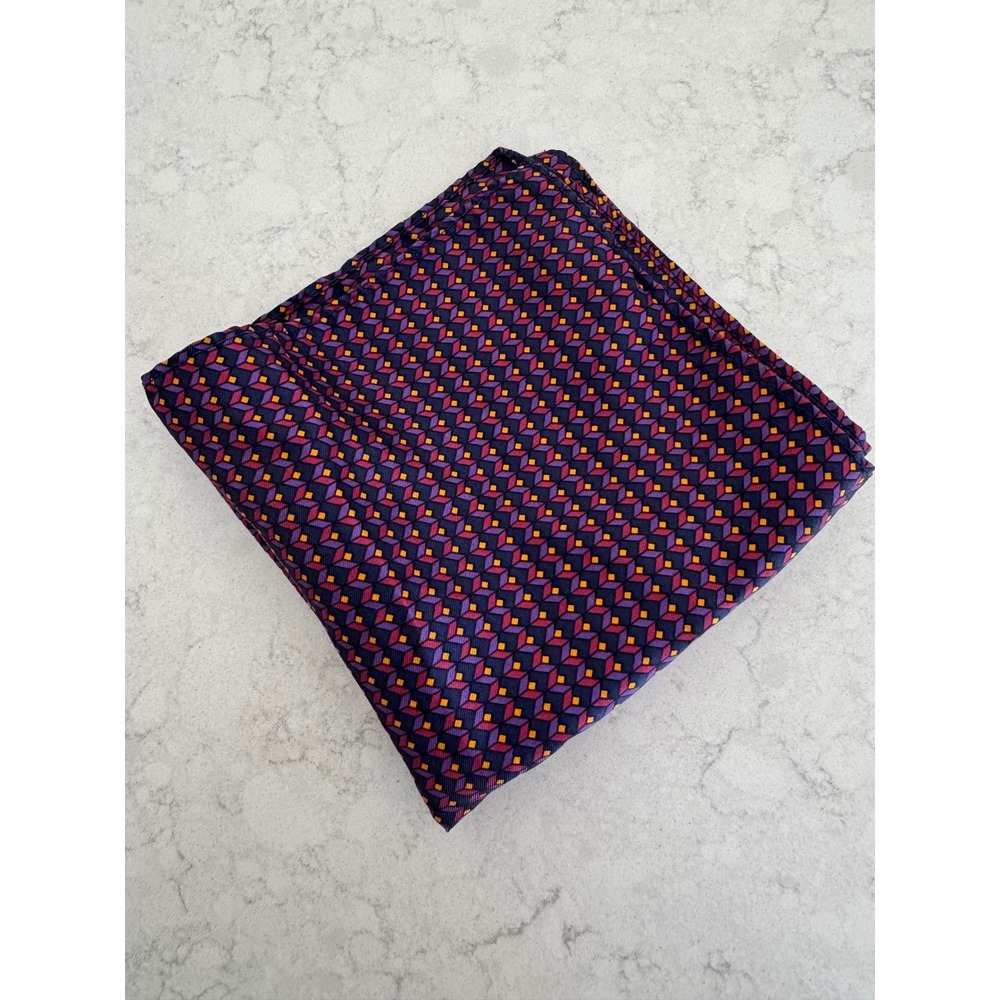 Mens 100% Silk Pocket Square Made in Spain Navy Blue Purple Geometric Cube Print